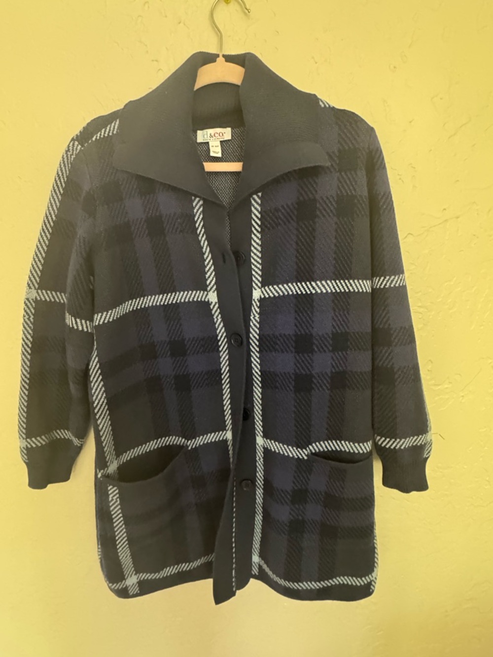 Denim&Co Navy and Black Plaid Button-Front Cardigan - Picture 2 of 3